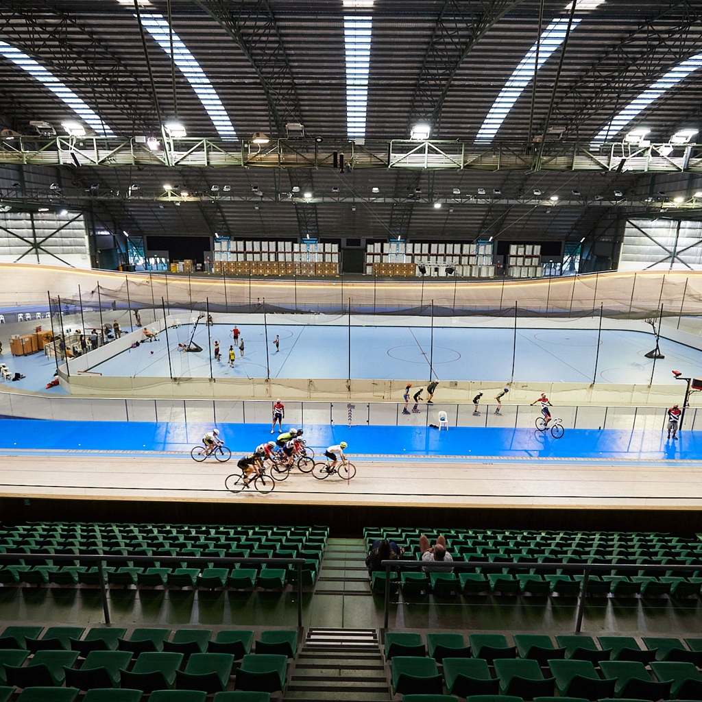 A photo taken from the grandstand showing both the cycle speed track and the court in the centre of the arena at the Speeddome in Middle Swan, Perth